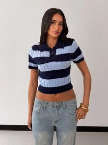 Glamine Charm Women's Blue Striped Collared Short Sleeve Knit Sweater, Sporty Casual Everyday Wear For Autumn - Multicolor - View 4