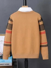 SHEIN 兒童青少年男孩休閒復古拼色格紋卡其色針織毛衣，適合秋冬、學校、家庭聚會、度假、派對，秋季穿搭、冬季穿搭，男孩套裝 - 彩色 - 查看 5