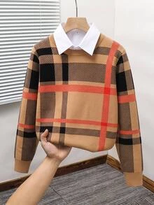 SHEIN 兒童青少年男孩休閒復古拼色格紋卡其色針織毛衣，適合秋冬、學校、家庭聚會、度假、派對，秋季穿搭、冬季穿搭，男孩套裝 - 彩色 - 查看 4