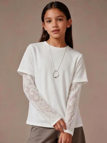 SHEIN Tween女孩白色針織蕾絲長袖假兩件式T恤，秋冬內搭上衣，街頭風優雅飄逸INS酷感，校園穿搭 - 白色 - 查看 1