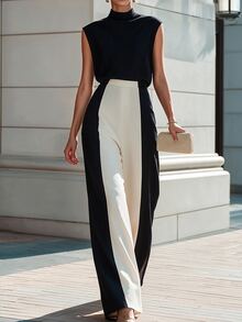 Penseblé 女款標準尺寸黑白拼接套裝，無袖高領內搭上衣與寬腿長褲，垂墜通勤派對優雅長褲，四季皆宜 - 黑色 - 查看 5
