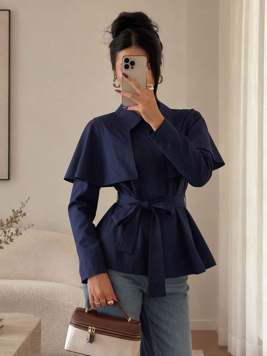 Modelyn Elegant French Chic Collared Cape Overlay Long Sleeve Tie Waist ...