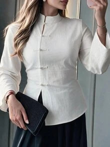 Elenzga Women's Spring Autumn Single Piece New Chinese Style Stand Collar Frog Button Waist Cinched All Cotton Blouse, Modified National Style Mature Casual Daily Commute Outfit - White - View 3