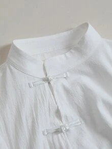 Elenzga Women's Spring Autumn Single Piece New Chinese Style Stand Collar Frog Button Waist Cinched All Cotton Blouse, Modified National Style Mature Casual Daily Commute Outfit - White - View 6