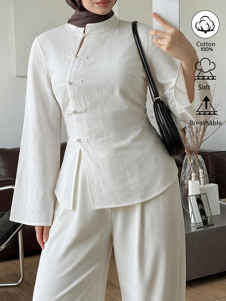 Elenzga Women's Spring Autumn Single Piece New Chinese Style Stand Collar Frog Button Waist Cinched All Cotton Blouse, Modified National Style Mature Casual Daily Commute Outfit - White - View 1