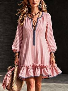 SHEIN New Red & White Striped Blue Fabric Short Dress With Ruffle Hem And Scalloped Edge Design, Casual Style - Red - View 6
