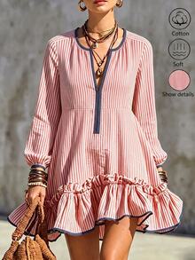 SHEIN New Red & White Striped Blue Fabric Short Dress With Ruffle Hem And Scalloped Edge Design, Casual Style - Red - View 4