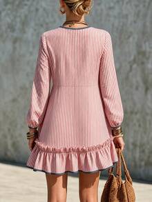 SHEIN New Red & White Striped Blue Fabric Short Dress With Ruffle Hem And Scalloped Edge Design, Casual Style - Red - View 2