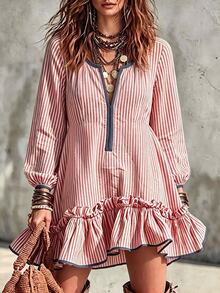 SHEIN New Red & White Striped Blue Fabric Short Dress With Ruffle Hem And Scalloped Edge Design, Casual Style - Red - View 1