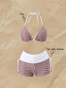 SHEIN Swim American-Style Checkered Color-Blocked Swimwear For Women, Tie-On Neck Triangle Cup Top, Side Drawstring Shorts, Conservative Anti-Revealing Swimwear, - Multicolor - View 2