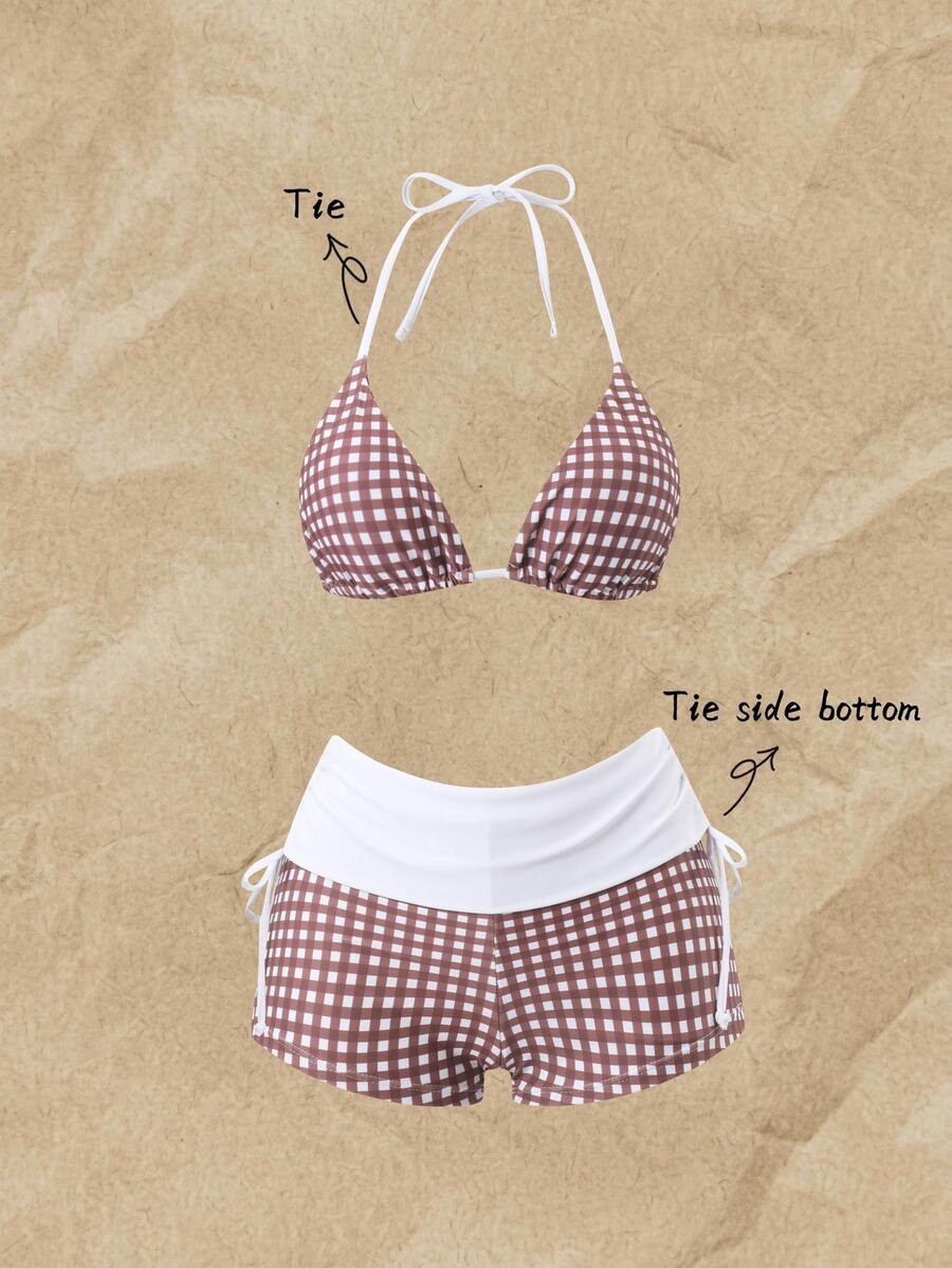 SHEIN Swim American-Style Checkered Color-Blocked Swimwear For Women, Tie-On Neck Triangle Cup Top, Side Drawstring Shorts, Conservative Anti-Revealing Swimwear,