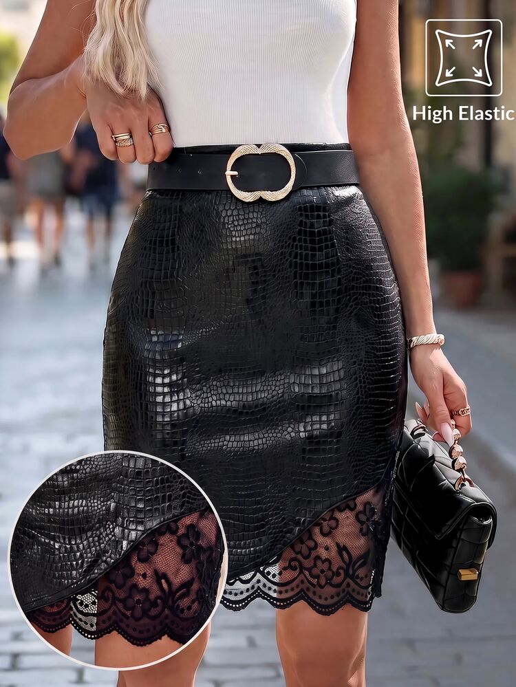 Editum Women's Faux Crocodile Texture Contrast Lace Elegant Sexy Skirt Night Black Summer Halloween Party - Black - View 7