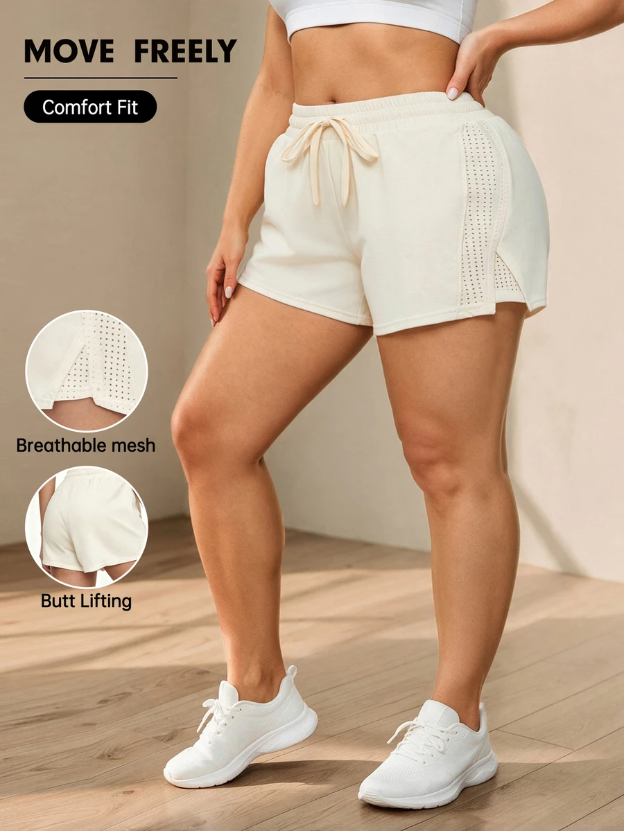 SHEIN Unity Plus Size Women Casual Drawstring Waist Pocket Sports Shorts - Yellow - View 1