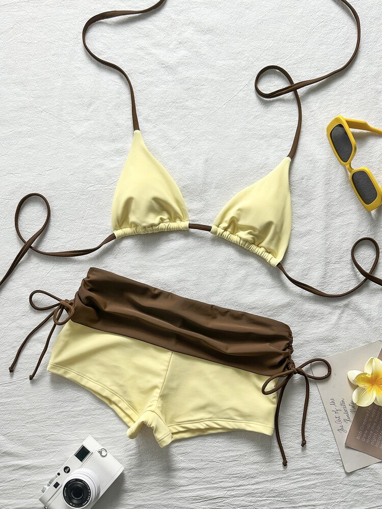 SHEIN Swim Bikini Set With Halter Triangle Cup And High-Waisted Shorts To Hide Fat Summer Hot Spring Vacation Swimwear Butter Yellow Casual Tropical - Multicolor - View 4
