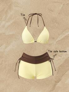Elavelle Bikini Set With Halter Triangle Cup And High-Waisted Shorts To Hide Fat Summer Hot Spring Vacation Swimwear Butter Yellow Casual Tropical - Multicolor - View 2