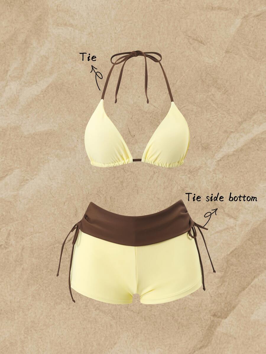 Elavelle Bikini Set With Halter Triangle Cup And High-Waisted Shorts To Hide Fat Summer Hot Spring Vacation Swimwear Butter Yellow Casual Tropical