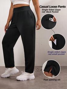 SHEIN Unity Plus Size Casual Fashionable Versatile Solid Color Tapered Sports Pants Yoga Women Pants - Black - View 4