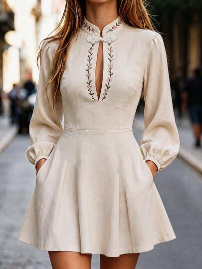 SHEIN Damska jesienna sukienka z dekoltem w serek i długim rękawem, w kwiatowy wzór, casualowa, retro w stylu francuskim lat 70., elegancki street style, do codziennego noszenia, na imprezy i brunch, różowa