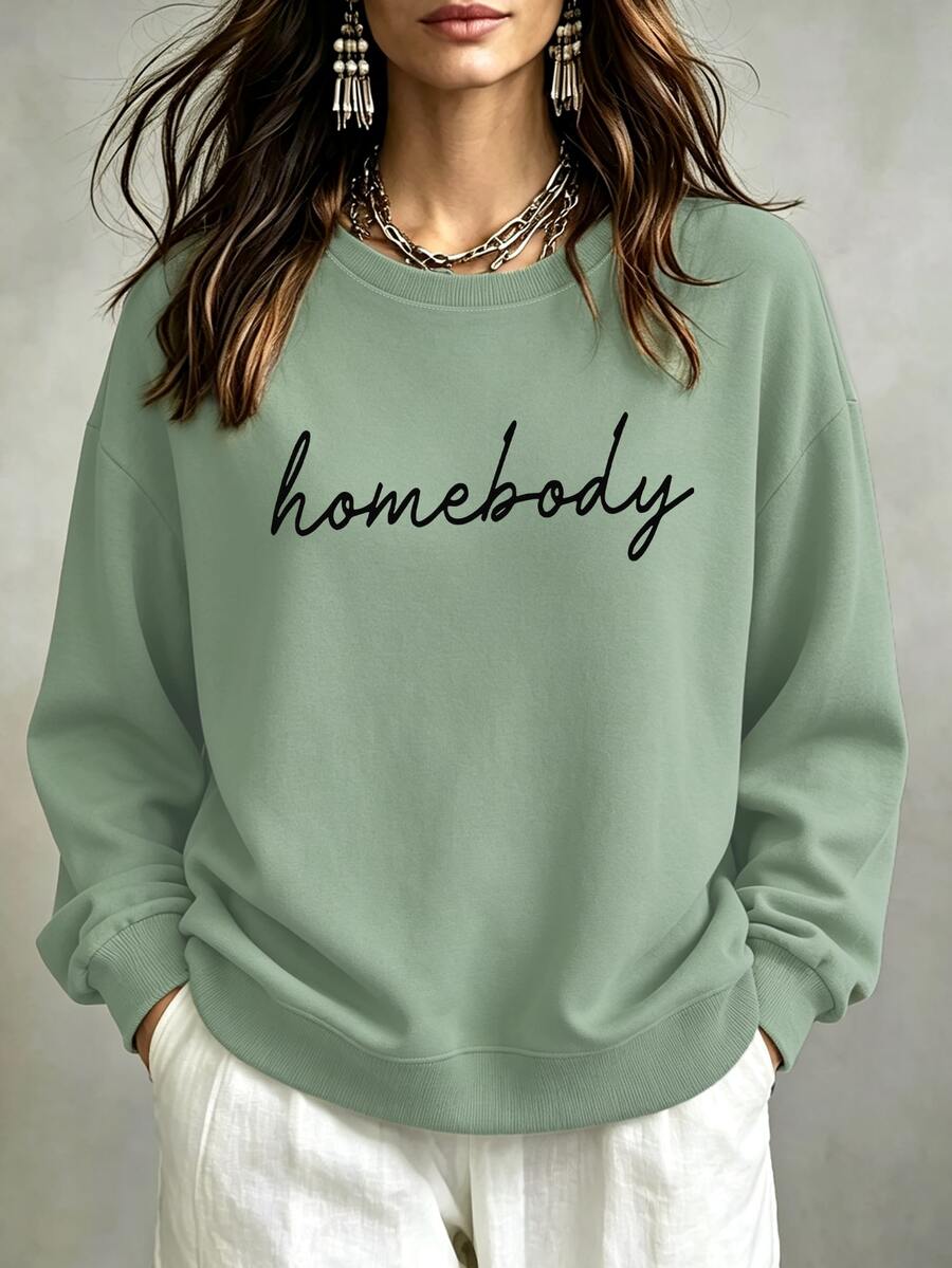 EMERY ROSE Plus Size Women's Round Neck Letter Print Sweatshirt, Winter Graduation,Back To School,Teacher Pullover Fall Autumn - Olive Green - View 1