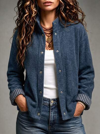 Trelyra French Vintage French Tweed Jacket, Autumn/Winter Casual Jacket, Blue Plaid Patchwork Retro Jacket, Women's Lightweight Jacket Everyday Going Out