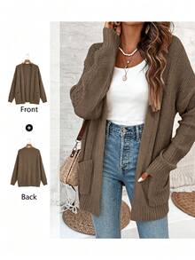 EMERY ROSE Women's Knitted Cardigan With Pockets,Solid Color Long Sleeve Versatile Fall Winter Cloth,Coffee Brown,Autumn,Casual,Occasion Brown Cardigan - Brown - View 3