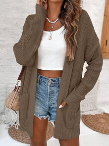EMERY ROSE Women's Knitted Cardigan With Pockets,Solid Color Long Sleeve Versatile Fall Winter Cloth,Coffee Brown,Autumn,Casual,Occasion Brown Cardigan - Brown - View 4