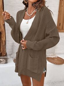 EMERY ROSE Women's Knitted Cardigan With Pockets,Solid Color Long Sleeve Versatile Fall Winter Cloth,Coffee Brown,Autumn,Casual,Occasion Brown Cardigan - Brown - View 6
