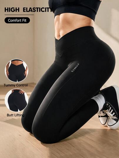 Rhythm Era Women's Plus Size Letter Print Asymmetrical Waistband Sports Leggings
