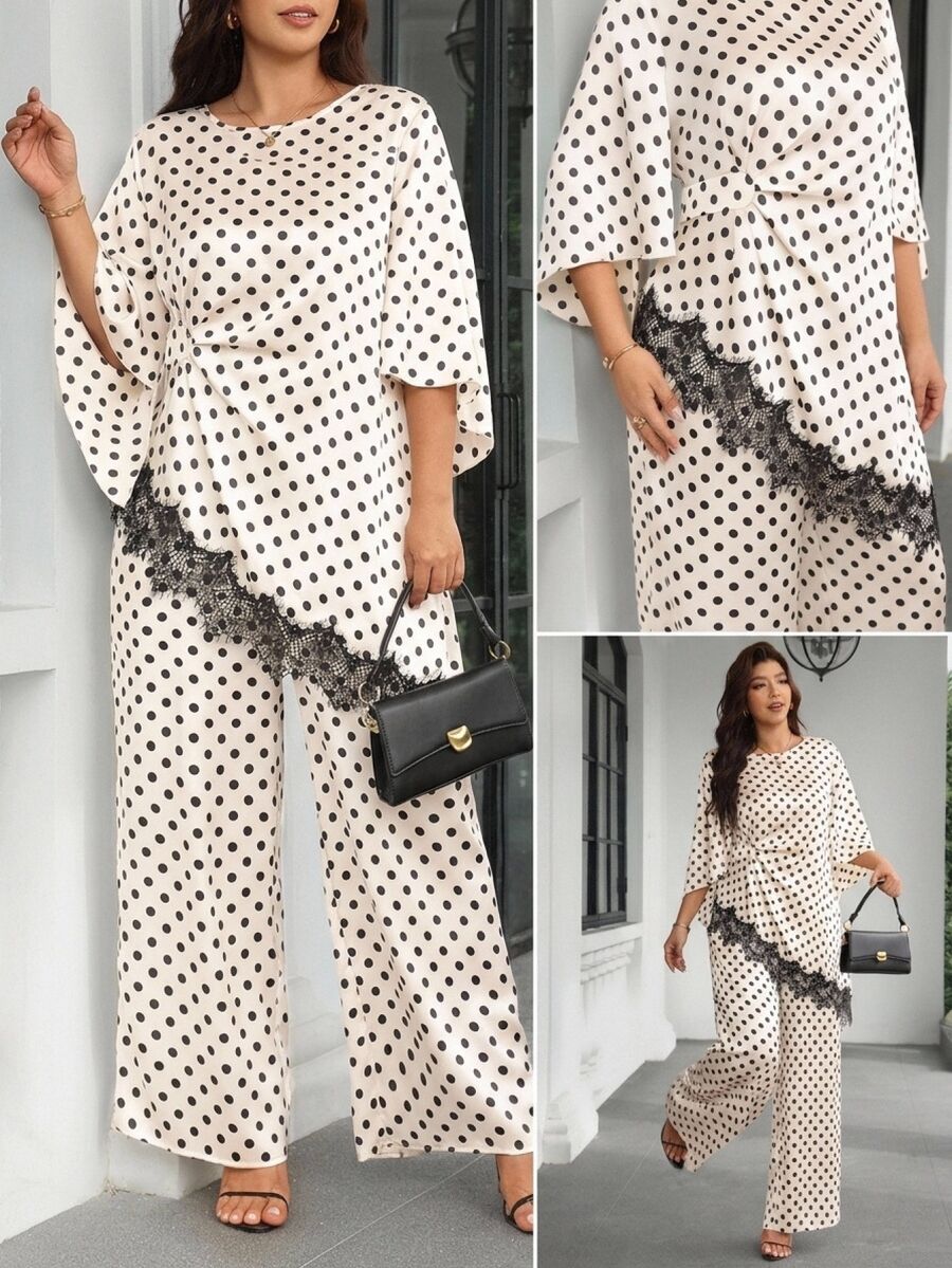 SHEIN Clasi Plus Size White Print Lace Patchwork Asymmetric Hem Shirt Pants 2 Pieces Set Party Brunch Evening Autumn Elegant 1920 Vintage - Apricot - View 1