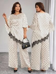 SHEIN Clasi Plus Size White Print Lace Patchwork Asymmetric Hem Shirt Pants 2 Pieces Set Party Brunch Evening Autumn Elegant 1920 Vintage - Apricot - View 7
