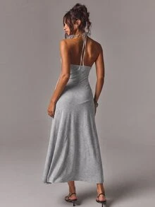 Athîral Women's Casual V-Neck Long Dress - Light Grey - View 2