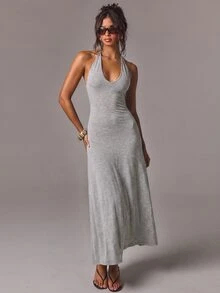 Athîral Women's Casual V-Neck Long Dress - Light Grey - View 3