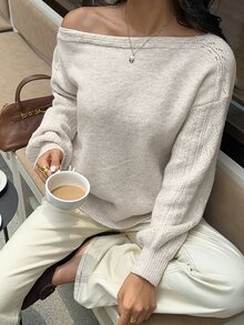 Autumina Sweater Pullover Bahu Asimetris Serbaguna untuk Wanita Musim Gugur/Dingin, Desain Minimalis, dan Nyaman - Aprikot - View 7