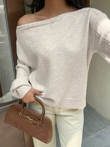 Autumina Sweater Pullover Bahu Asimetris Serbaguna untuk Wanita Musim Gugur/Dingin, Desain Minimalis, dan Nyaman - Aprikot - View 1