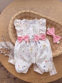SHEIN 1pc Baby Girl Floral Print Bow Flutter Sleeve Romper With Headband For Photoshoot,Daily Wear,Spring & Summer - Baby Pink - View 4