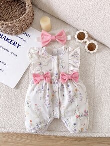 SHEIN 1pc Baby Girl Floral Print Bow Flutter Sleeve Romper With Headband For Photoshoot,Daily Wear,Spring & Summer - Baby Pink - View 7