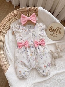 SHEIN 1pc Baby Girl Floral Print Bow Flutter Sleeve Romper With Headband For Photoshoot,Daily Wear,Spring & Summer - Baby Pink - View 5