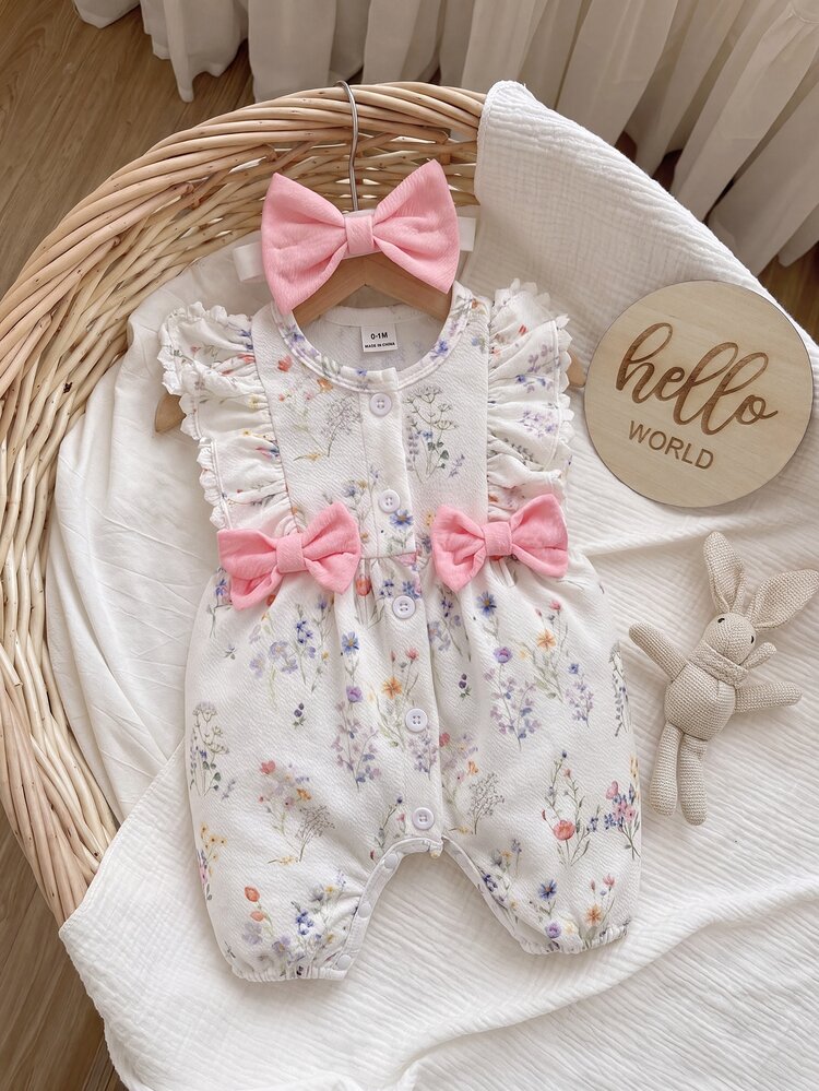 SHEIN 1pc Baby Girl Floral Print Bow Flutter Sleeve Romper With Headband For Photoshoot,Daily Wear,Spring & Summer - Baby Pink - View 4