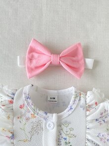 SHEIN 1pc Baby Girl Floral Print Bow Flutter Sleeve Romper With Headband For Photoshoot,Daily Wear,Spring & Summer - Baby Pink - View 6