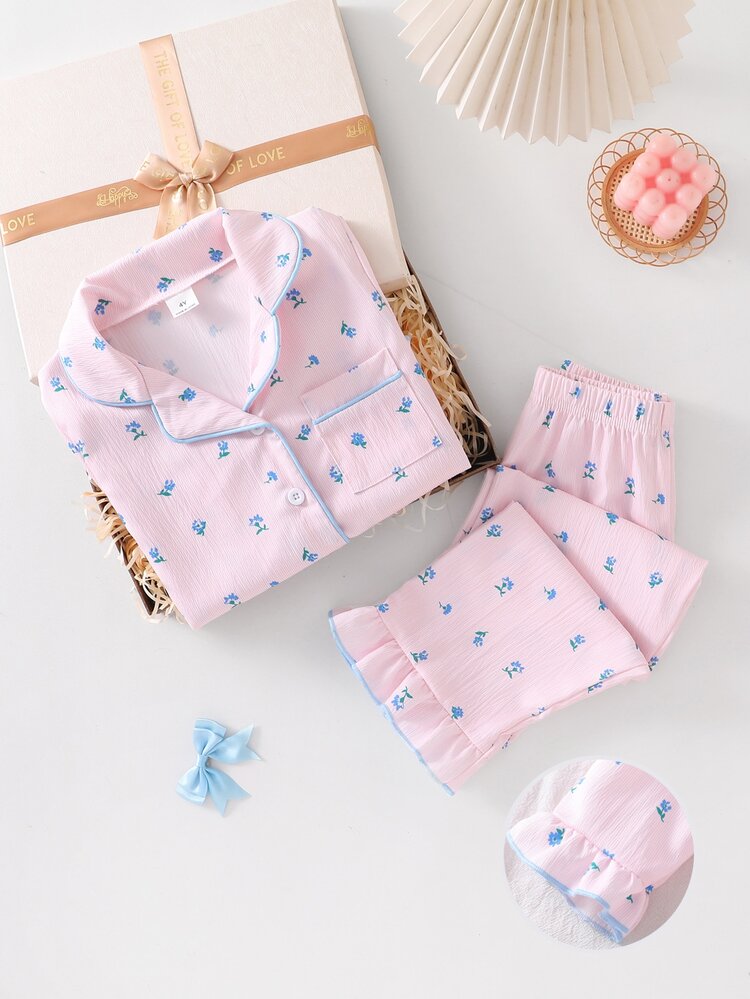 Cute Fairy Princess Sweet Style Ditsy Floral Long Sleeve Cardigan Pants 2 Pieces Set Casual Loungewear For Girls 7th Birthday Baby Shower Pink Autumn - Pink - View 5
