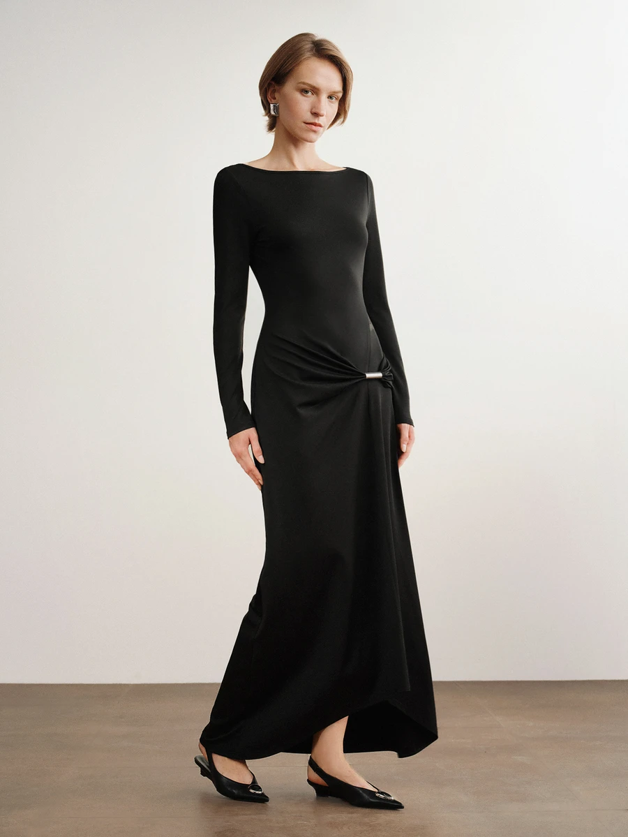 Briarwyn Women's Solid Color Elegant Long Sleeve Dress With Ruched Waist And Metal Buckle Detail, Christmas Party Dress Going Out Dress - Black - View 1