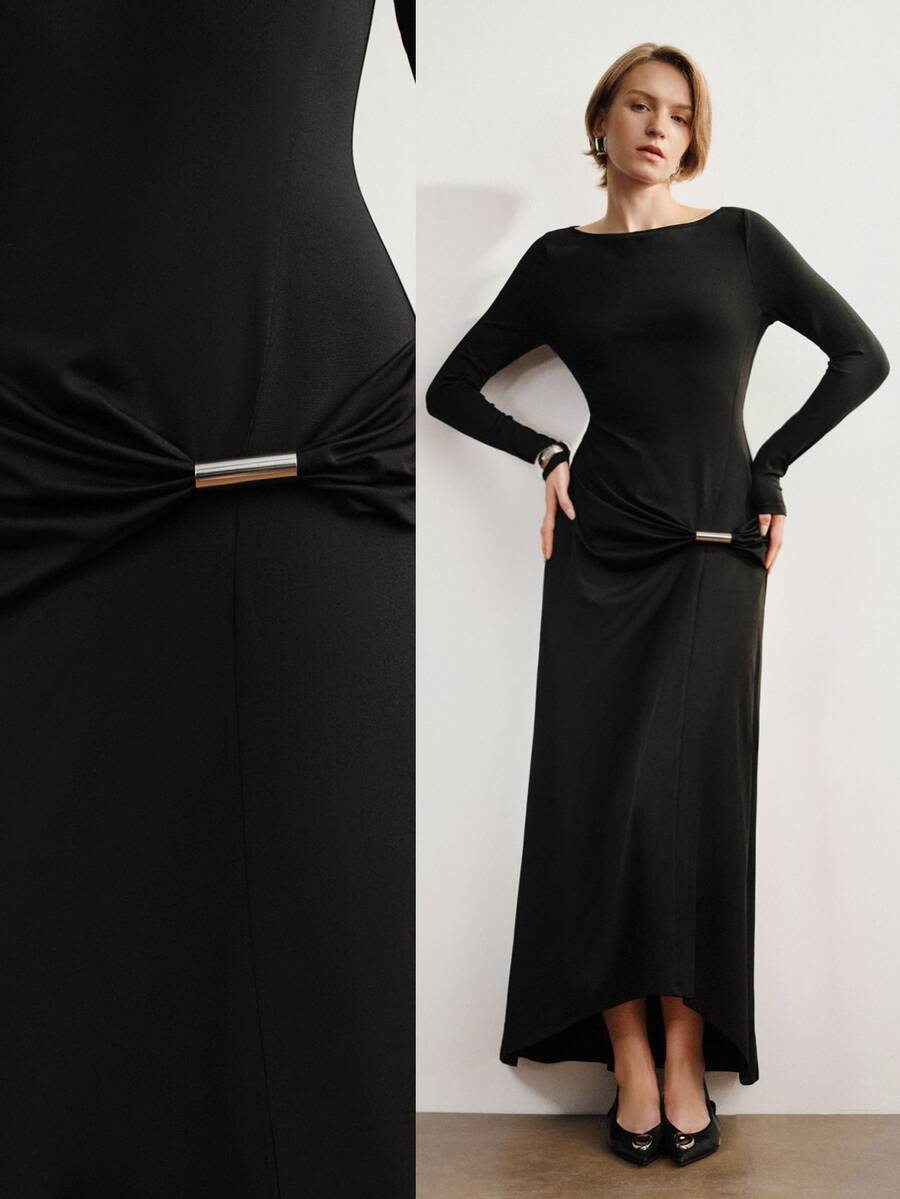 Briarwyn Gaun Wanita Lengan Panjang Elegan Warna Polos dengan Detail Pinggang Berkerut dan Gesper Logam, Musim Dingin - Hitam - View 1