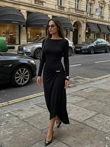 Briarwyn Gaun Wanita Lengan Panjang Elegan Warna Polos dengan Detail Pinggang Berkerut dan Gesper Logam, Musim Dingin - Hitam - View 6