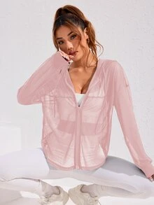 Eassivo Eassivo Casual Simple Solid Color See-Through Hooded Sports Jacket - Dusty Pink - View 5