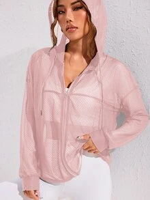 Eassivo Eassivo Casual Simple Solid Color See-Through Hooded Sports Jacket - Dusty Pink - View 3