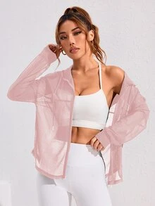 Eassivo Eassivo Casual Simple Solid Color See-Through Hooded Sports Jacket - Dusty Pink - View 6