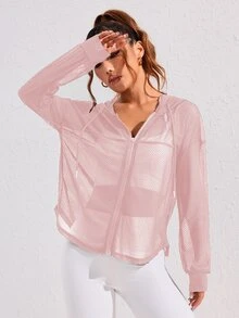 Eassivo Eassivo Casual Simple Solid Color See-Through Hooded Sports Jacket - Dusty Pink - View 7