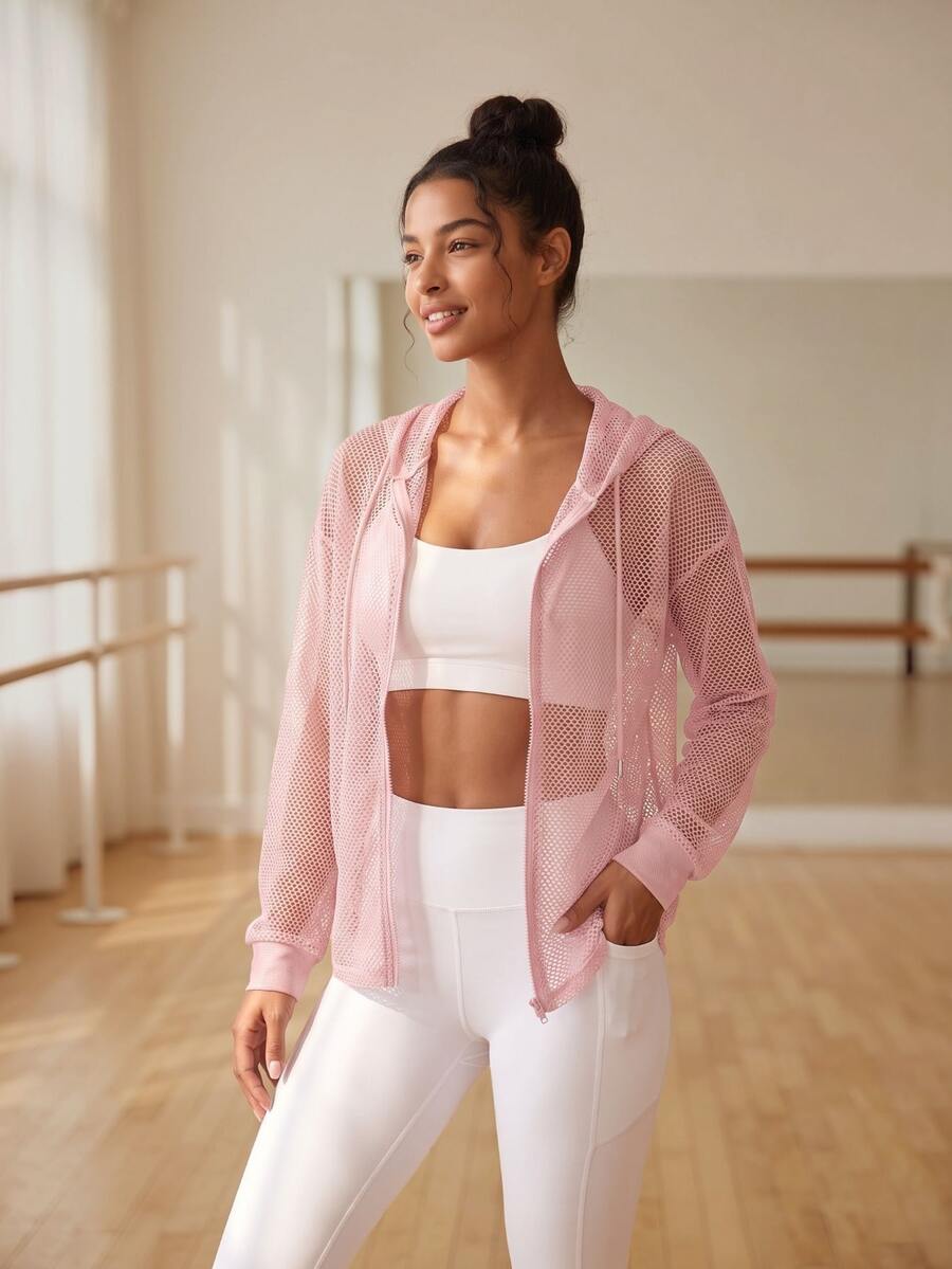 Eassivo Eassivo Casual Simple Solid Color See-Through Hooded Sports Jacket