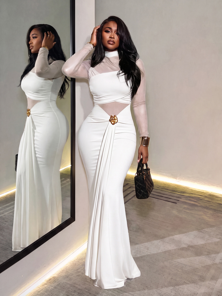 Zolique Women's Elegant White Dress,White Gold Autumn Classy Maxi Curve Long Formal Minimalist Dresses,Everyday Dining Slay Diva Dress - White - View 1