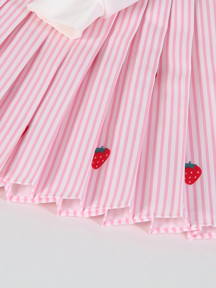 Young Girls Casual Cute College Style Spring/Autumn Bowknot Pink And White White Long Sleeve 2 In 1 Sweatshirt + Pleated Skirt School - Multicolor - View 6